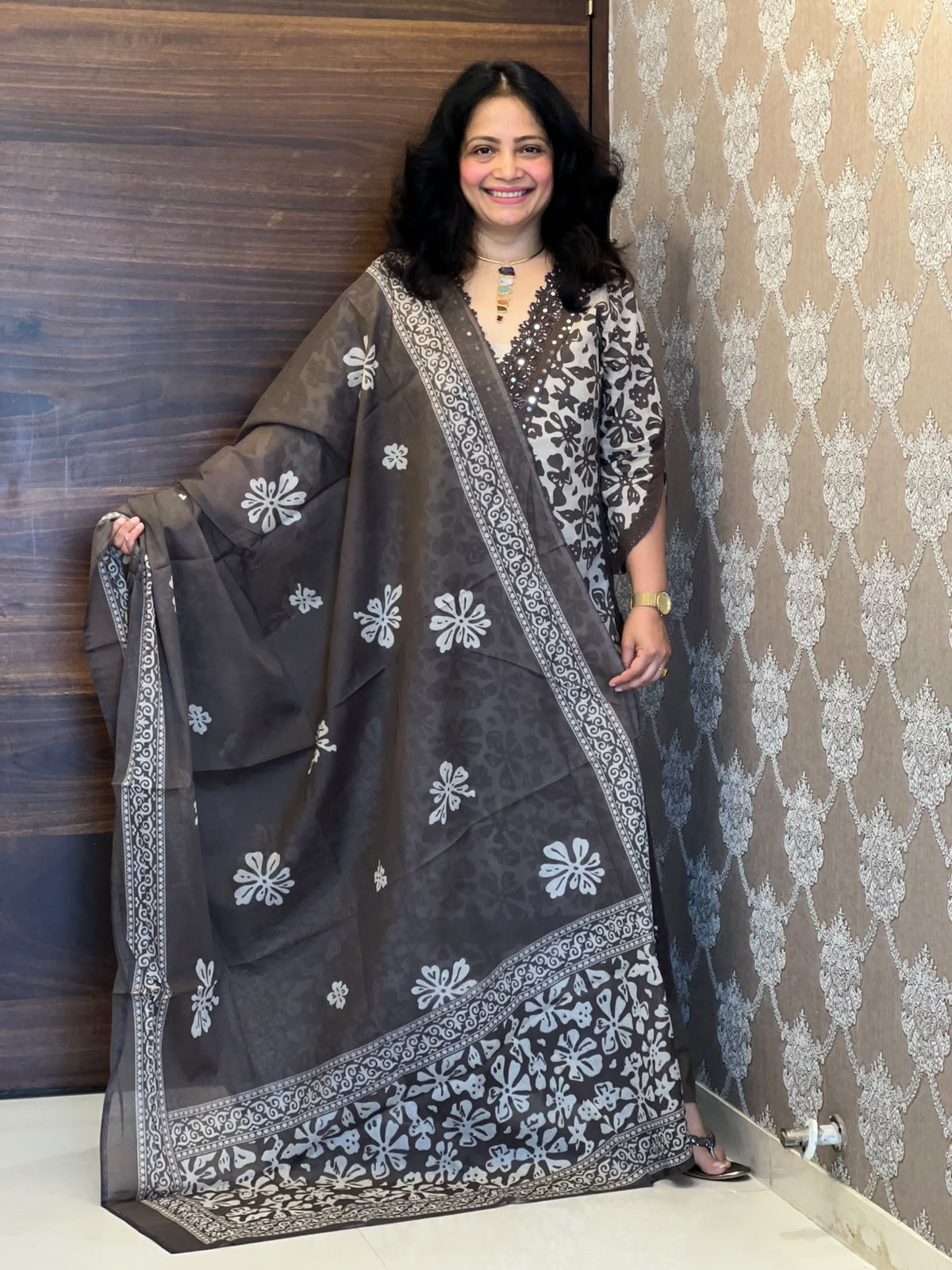 Brown Colour Printed Pure Cotton Dupatta Set