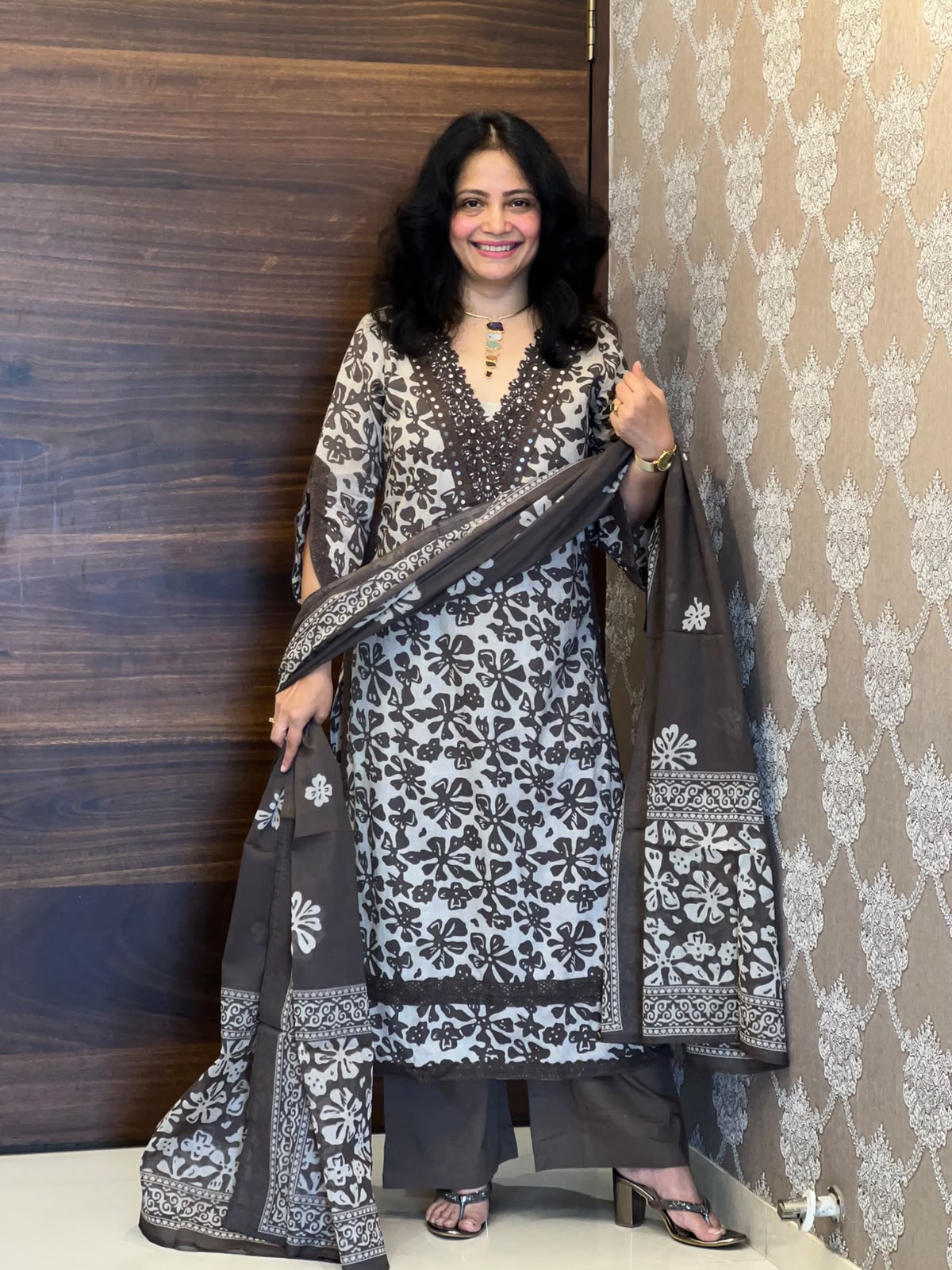Brown Colour Printed Pure Cotton Dupatta Set