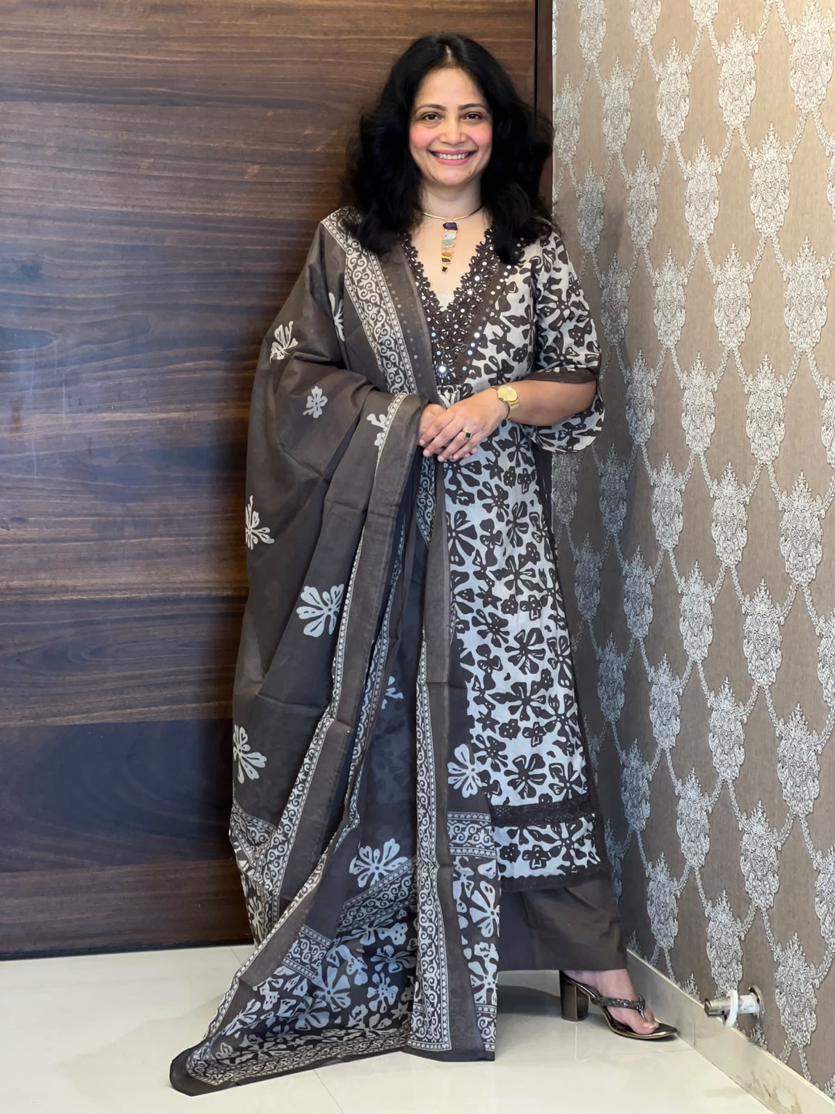 Brown Colour Printed Pure Cotton Dupatta Set