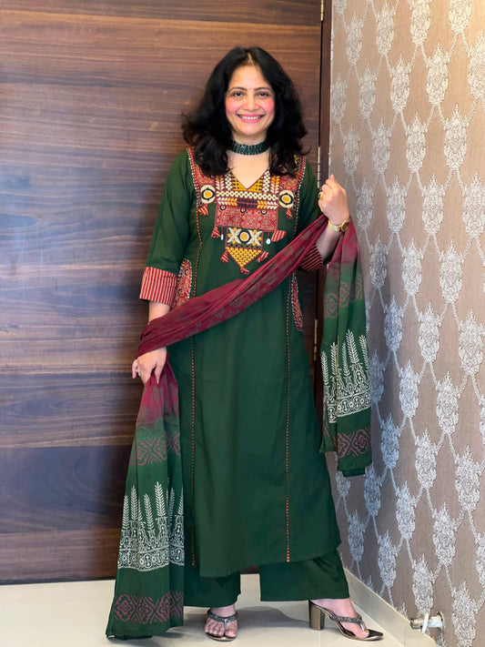 Green Colour Pure Cotton Dupatta Set