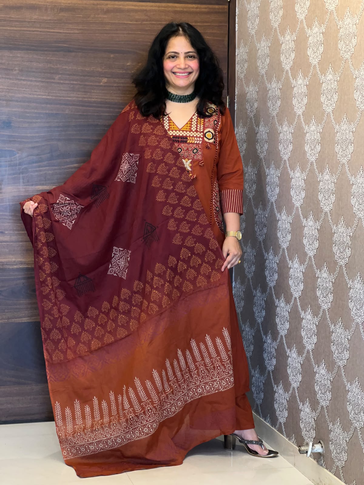 Brick Orange Colour Pure Cotton Dupatta Set