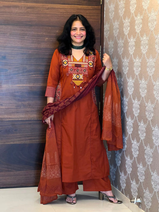 Brick Orange Colour Pure Cotton Dupatta Set