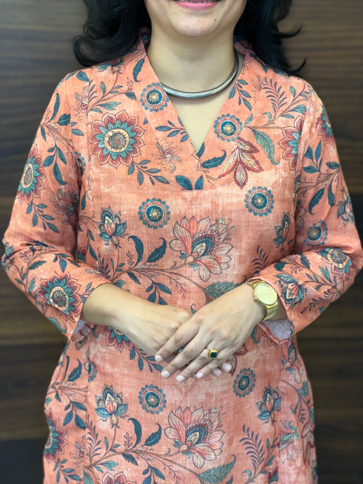 Coral Peach Kalamkari Digital Print Linen A-Line Kurti