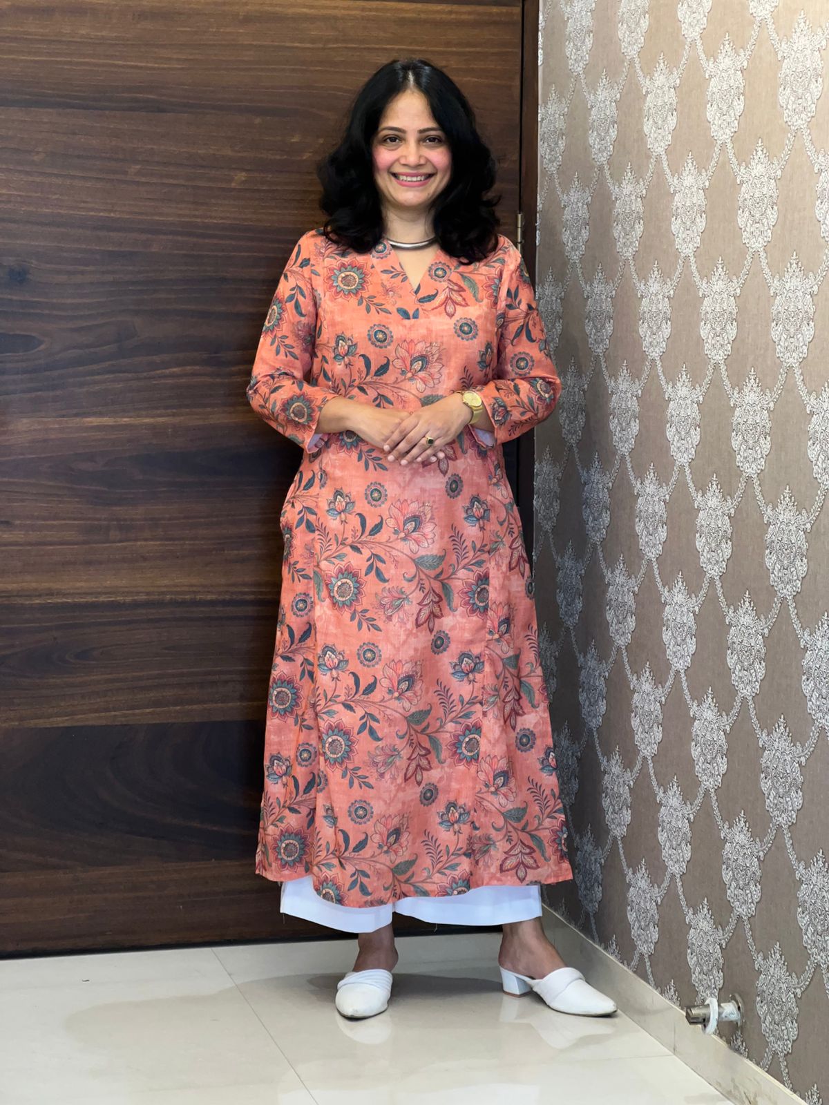 Coral Peach Kalamkari Digital Print Linen A-Line Kurti