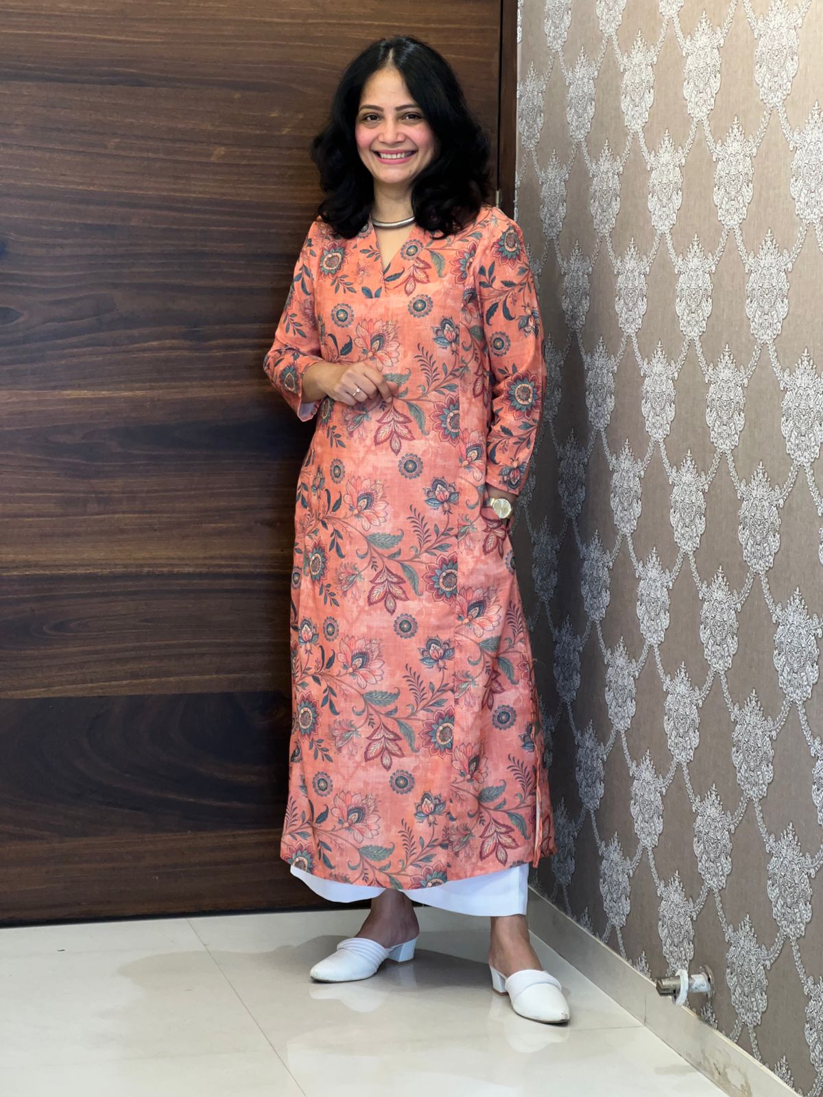Coral Peach Kalamkari Digital Print Linen A-Line Kurti