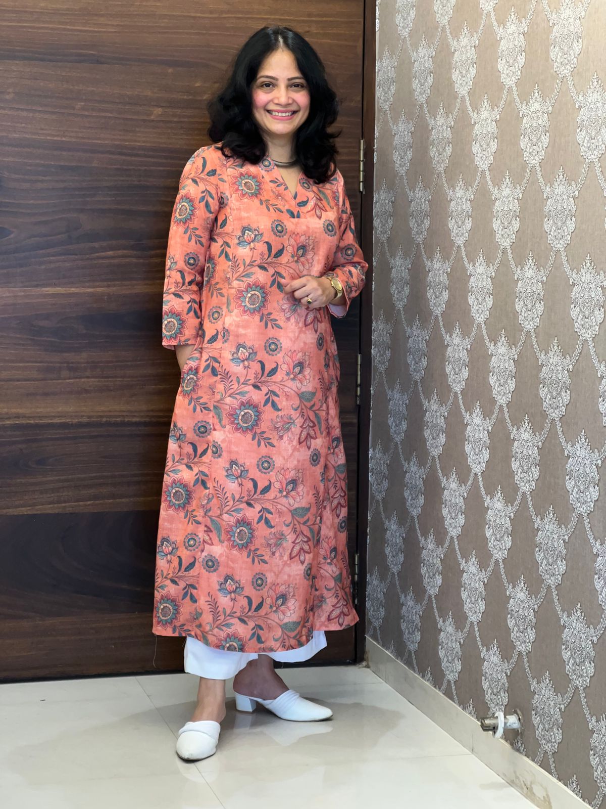 Coral Peach Kalamkari Digital Print Linen A-Line Kurti