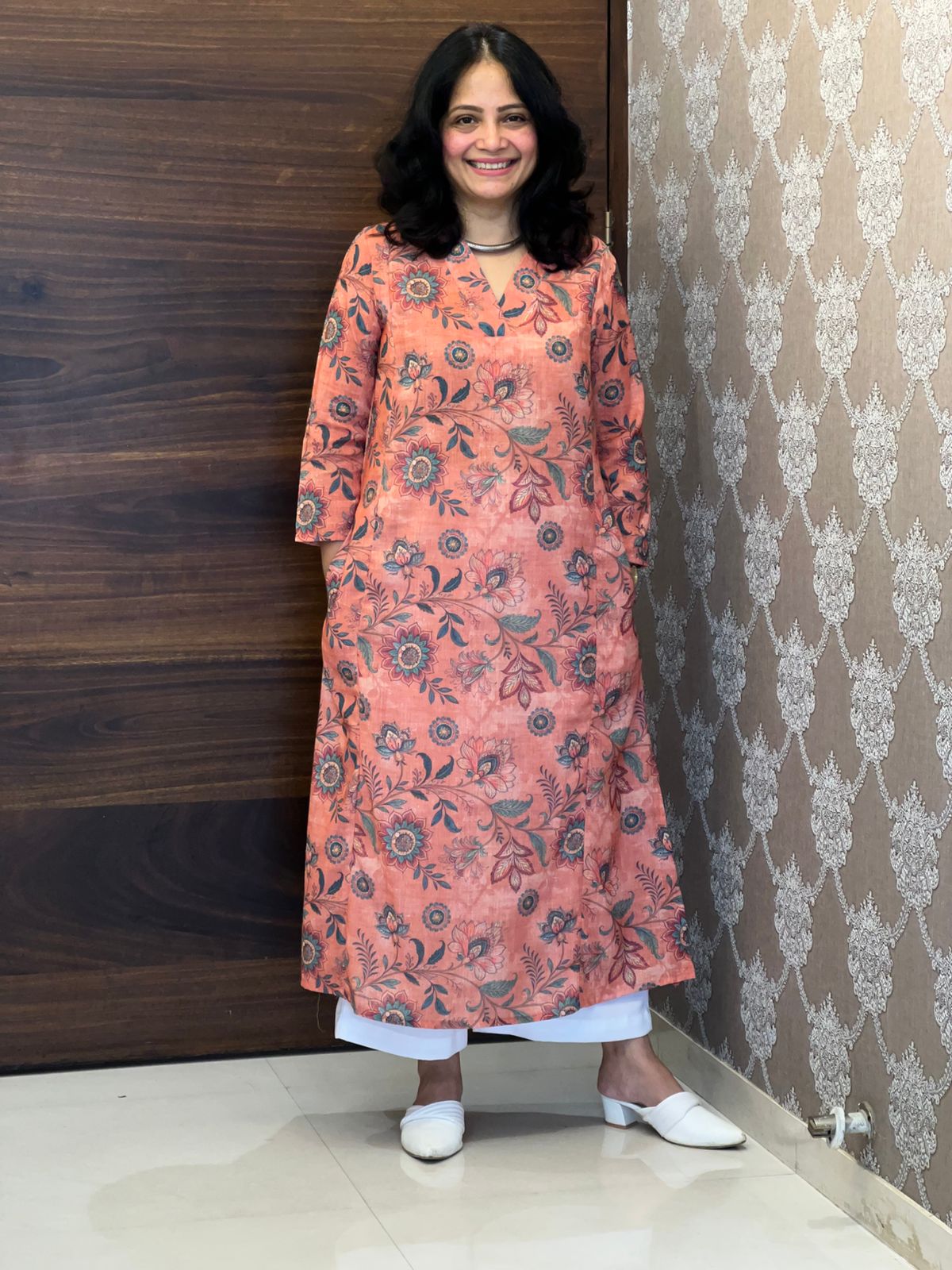 Coral Peach Kalamkari Digital Print Linen A-Line Kurti