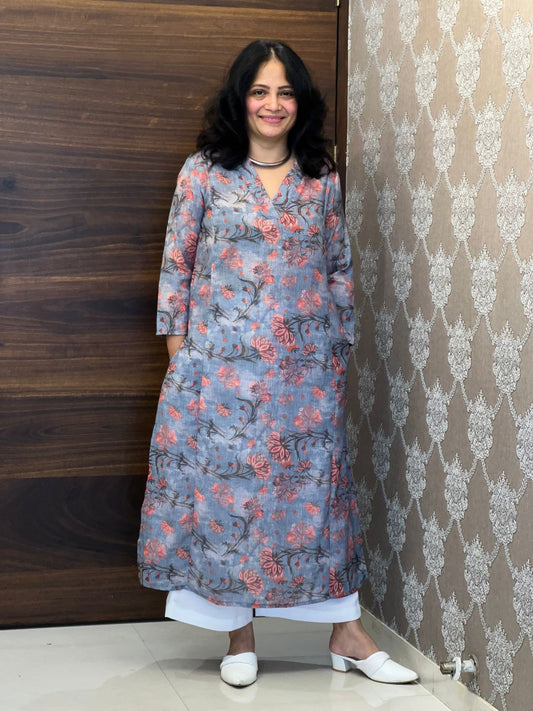 Dusty Blue Grey Colour Kalamkari Digital Print Linen A-Line Kurti