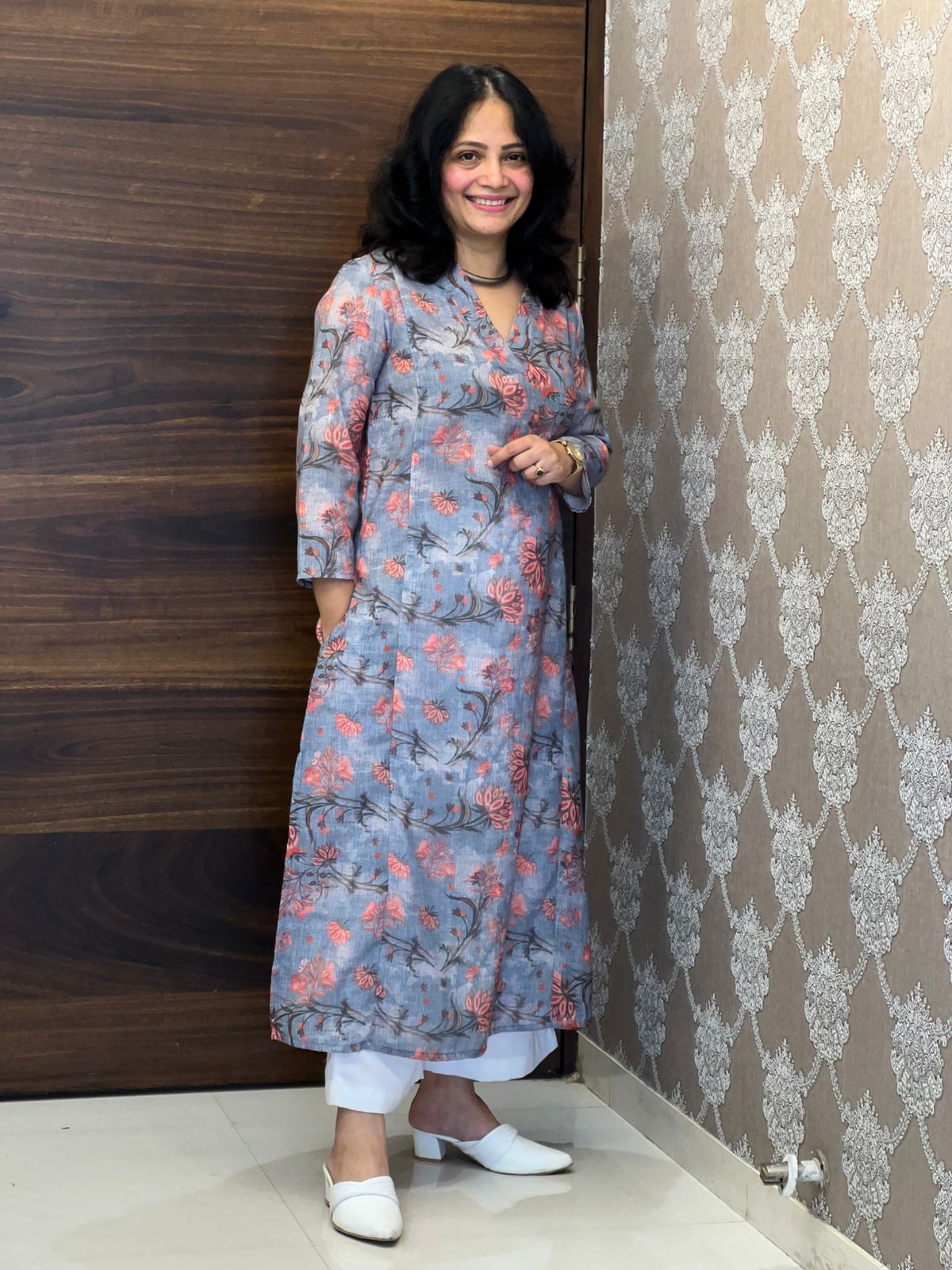 Dusty Blue Grey Colour Kalamkari Digital Print Linen A-Line Kurti