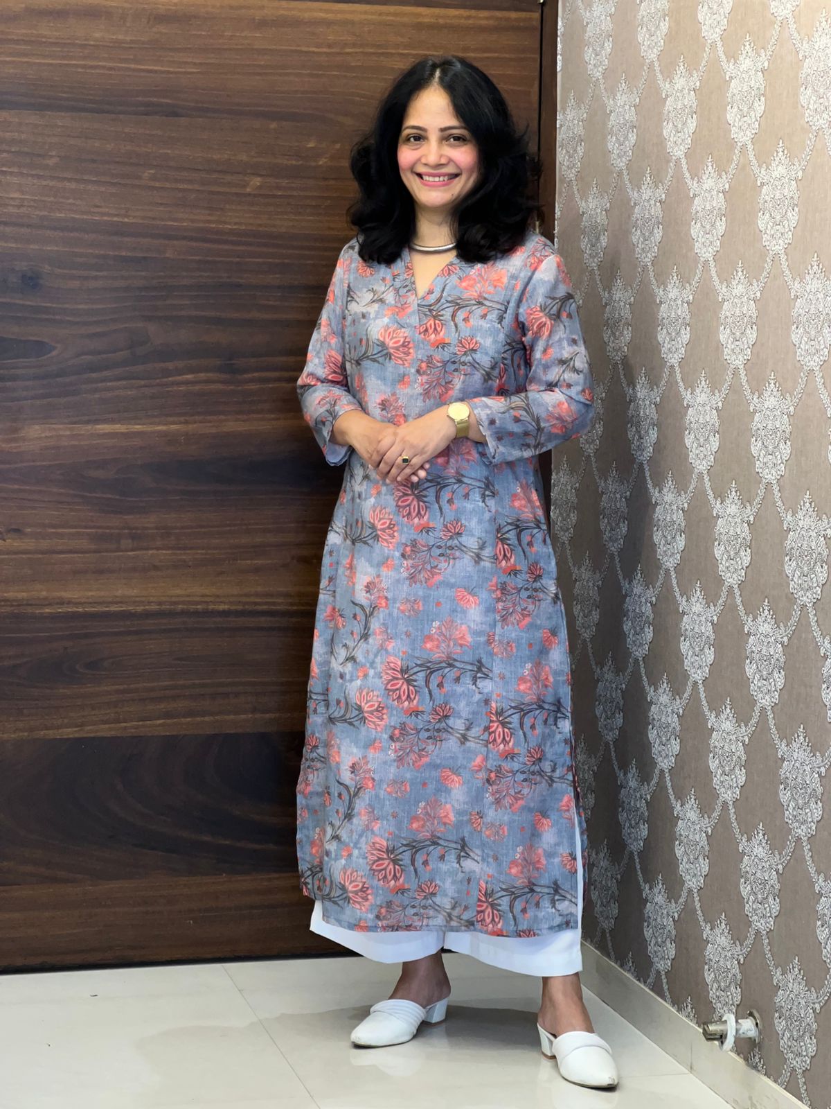 Dusty Blue Grey Colour Kalamkari Digital Print Linen A-Line Kurti