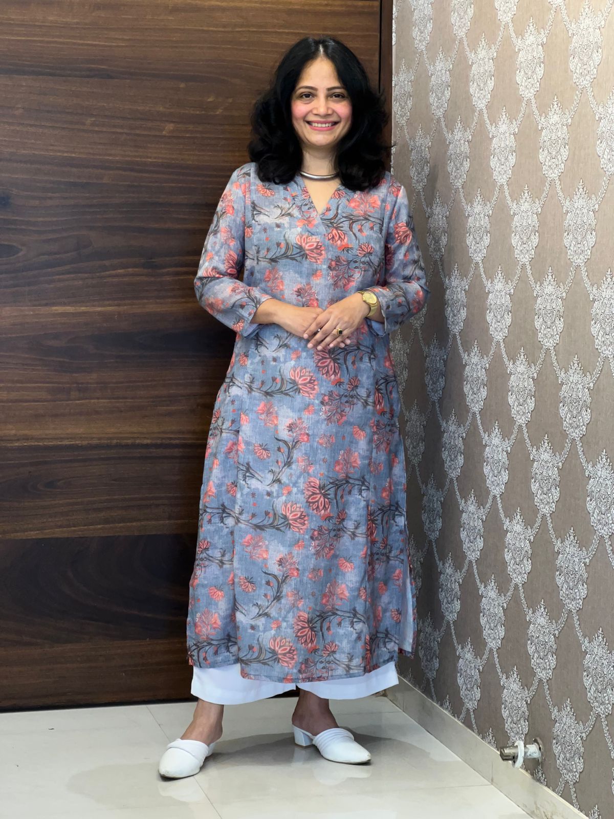 Dusty Blue Grey Colour Kalamkari Digital Print Linen A-Line Kurti