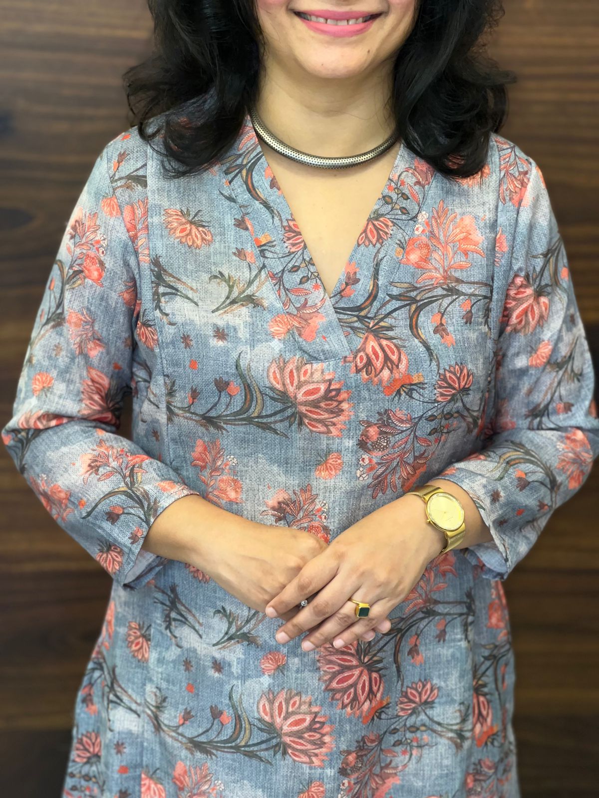 Dusty Blue Grey Colour Kalamkari Digital Print Linen A-Line Kurti