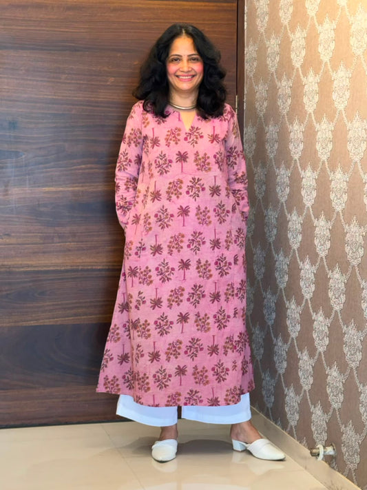 Pink Color Vanaspati Hand Block Print Pure Cotton A Line Kurti