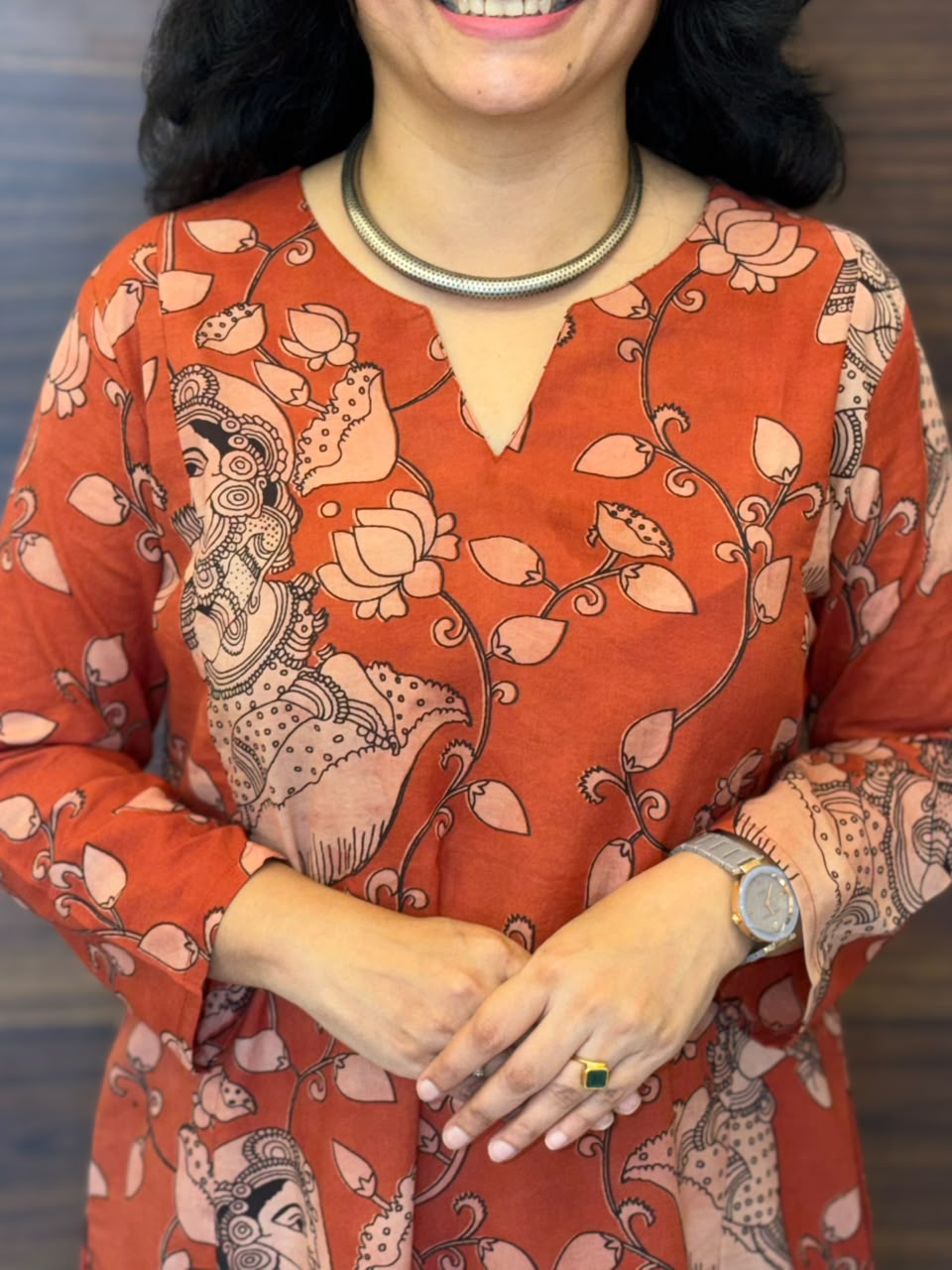 Red Color Kalamkari Pure Cotton A Line Kurti