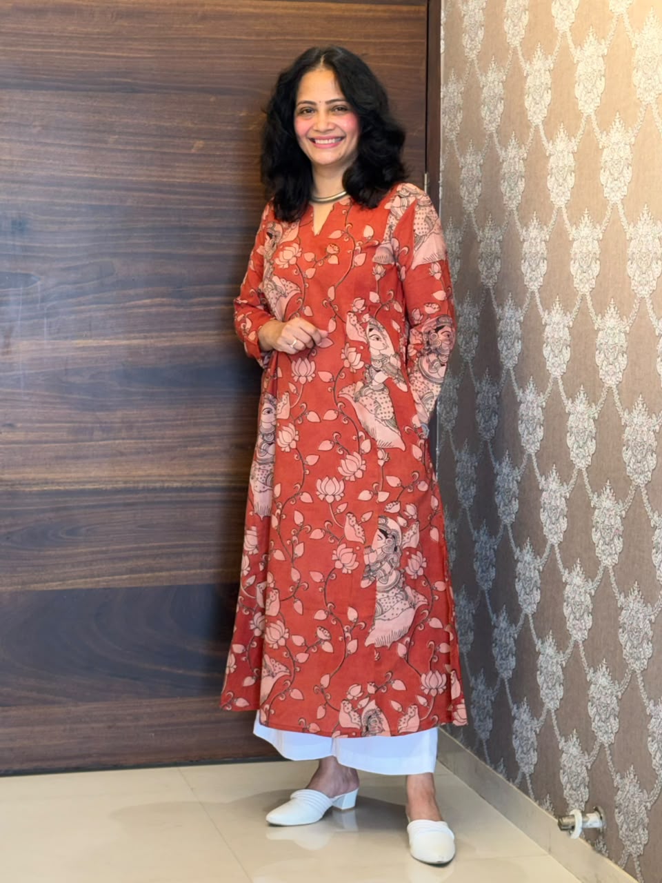 Red Color Kalamkari Pure Cotton A Line Kurti