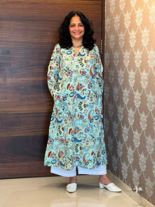 Light Blue Katha Work Pure Cotton A Line Kurti