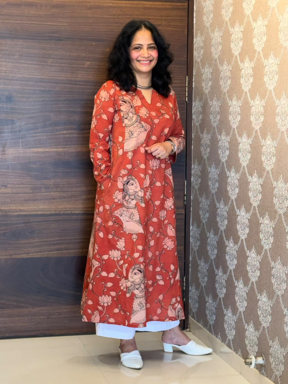 Red Color Kalamkari Pure Cotton A Line Kurti