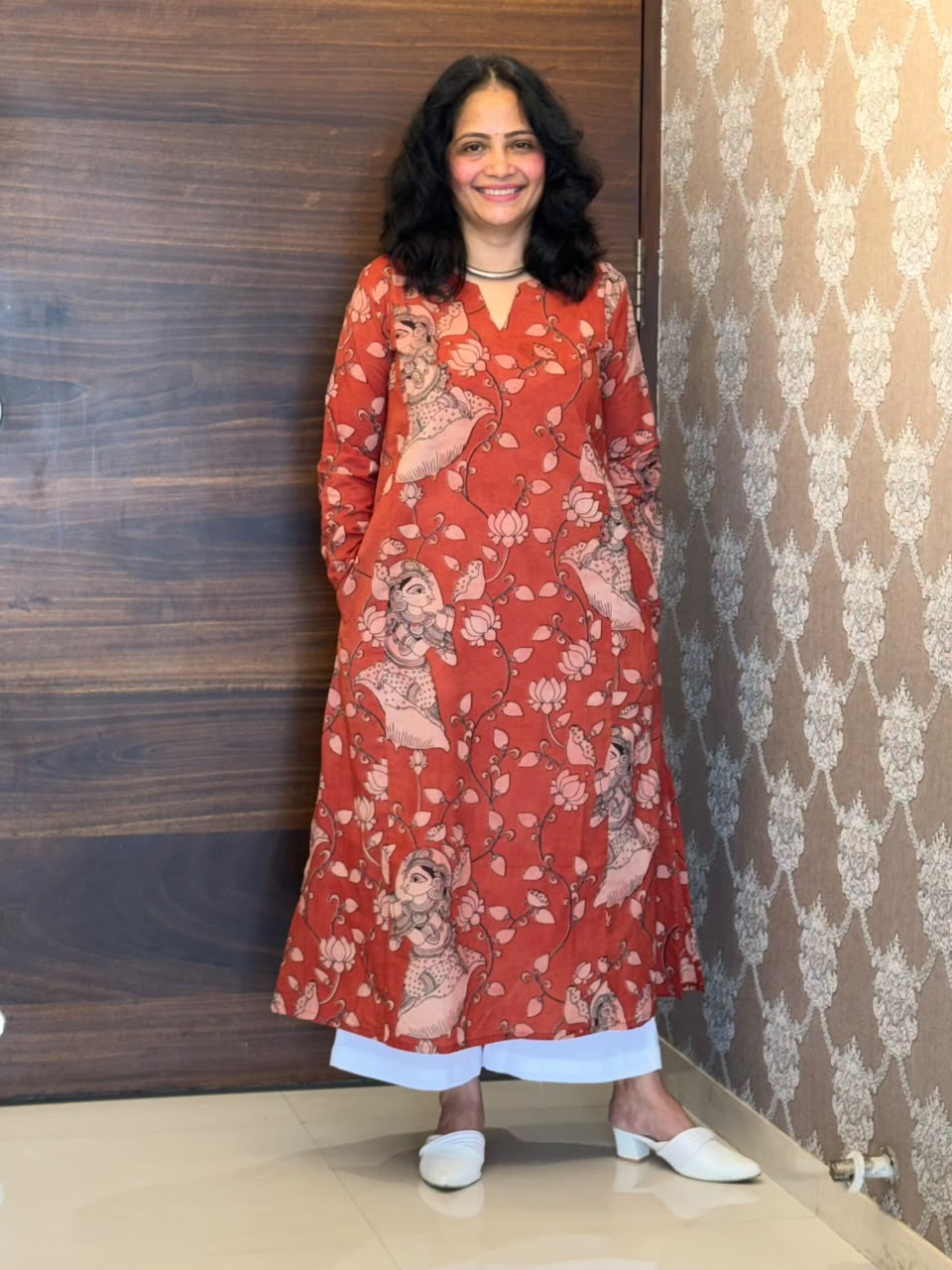 Red Color Kalamkari Pure Cotton A Line Kurti