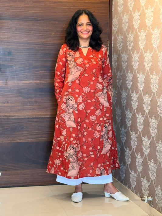 Red Color Kalamkari Pure Cotton A Line Kurti