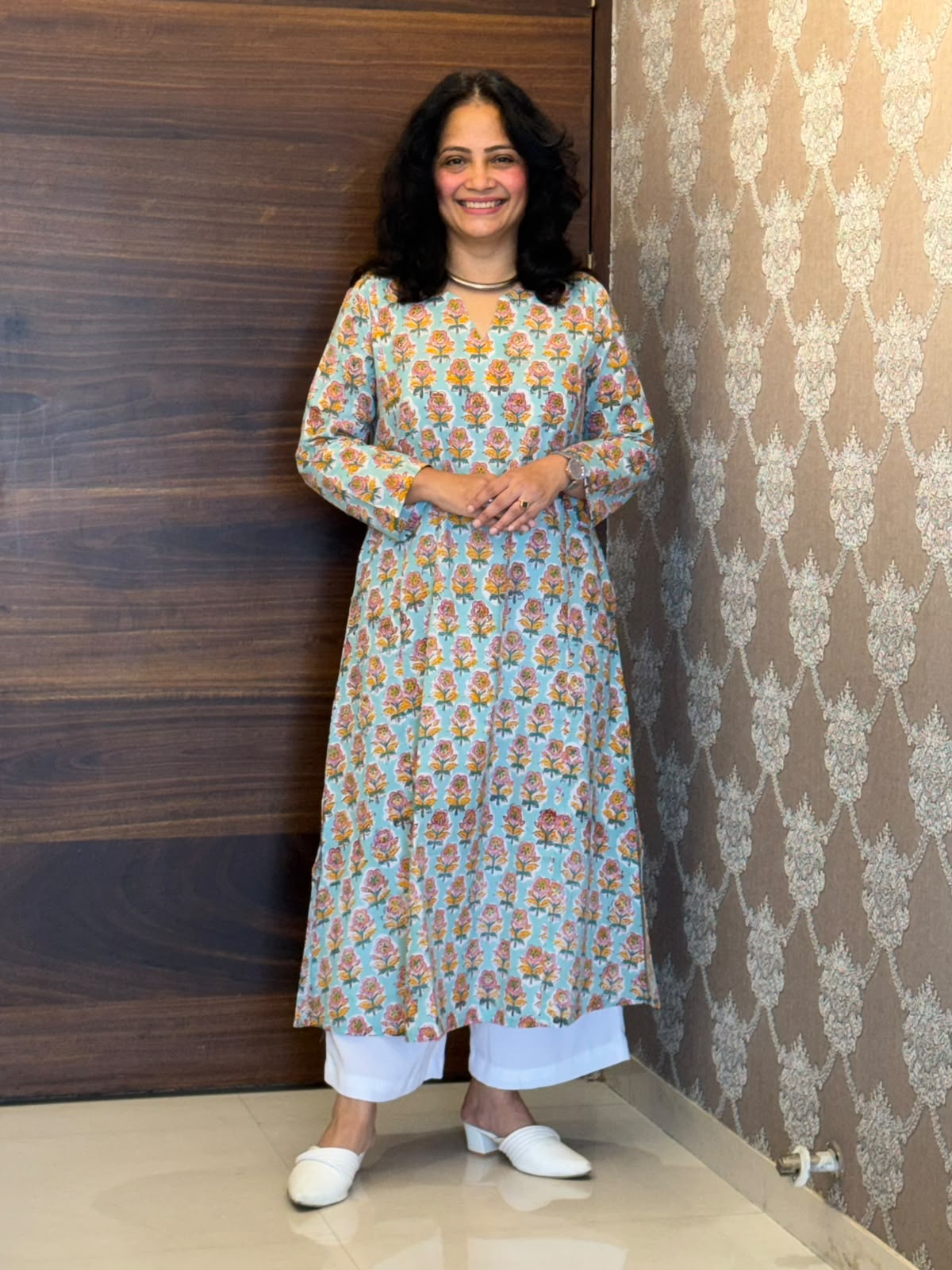 Light Aqua Blue Color Hand Block Printed Dabu Cotton A Line Kurti