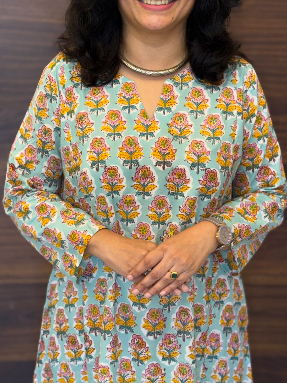Light Aqua Blue Color Hand Block Printed Dabu Cotton A Line Kurti