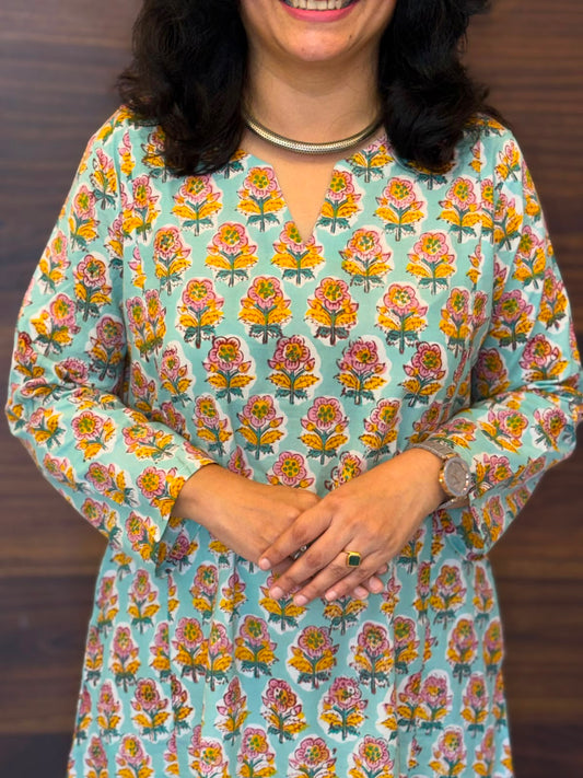 Light Aqua Blue Color Hand Block Printed Dabu Cotton A Line Kurti