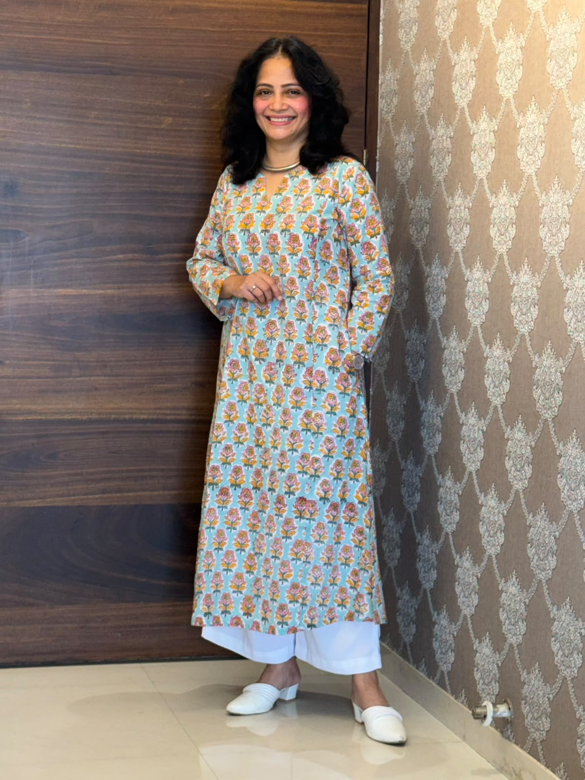 Light Aqua Blue Color Hand Block Printed Dabu Cotton A Line Kurti