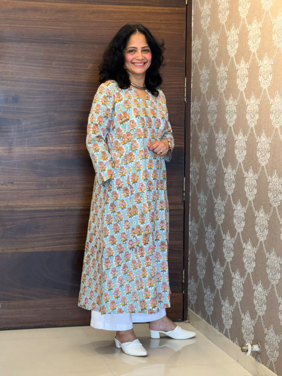 Light Aqua Blue Color Hand Block Printed Dabu Cotton A Line Kurti
