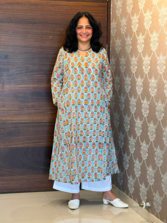 Light Aqua Blue Color Hand Block Printed Dabu Cotton A Line Kurti