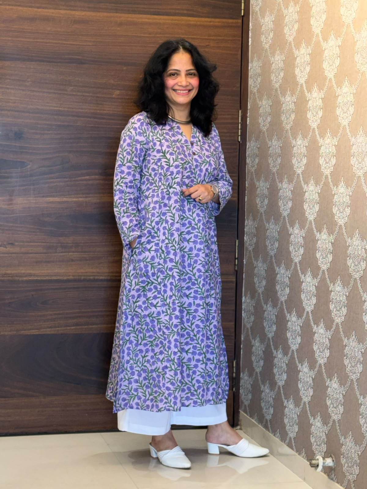Purple Color Screen Printed Pure Cotton A Line Kurti