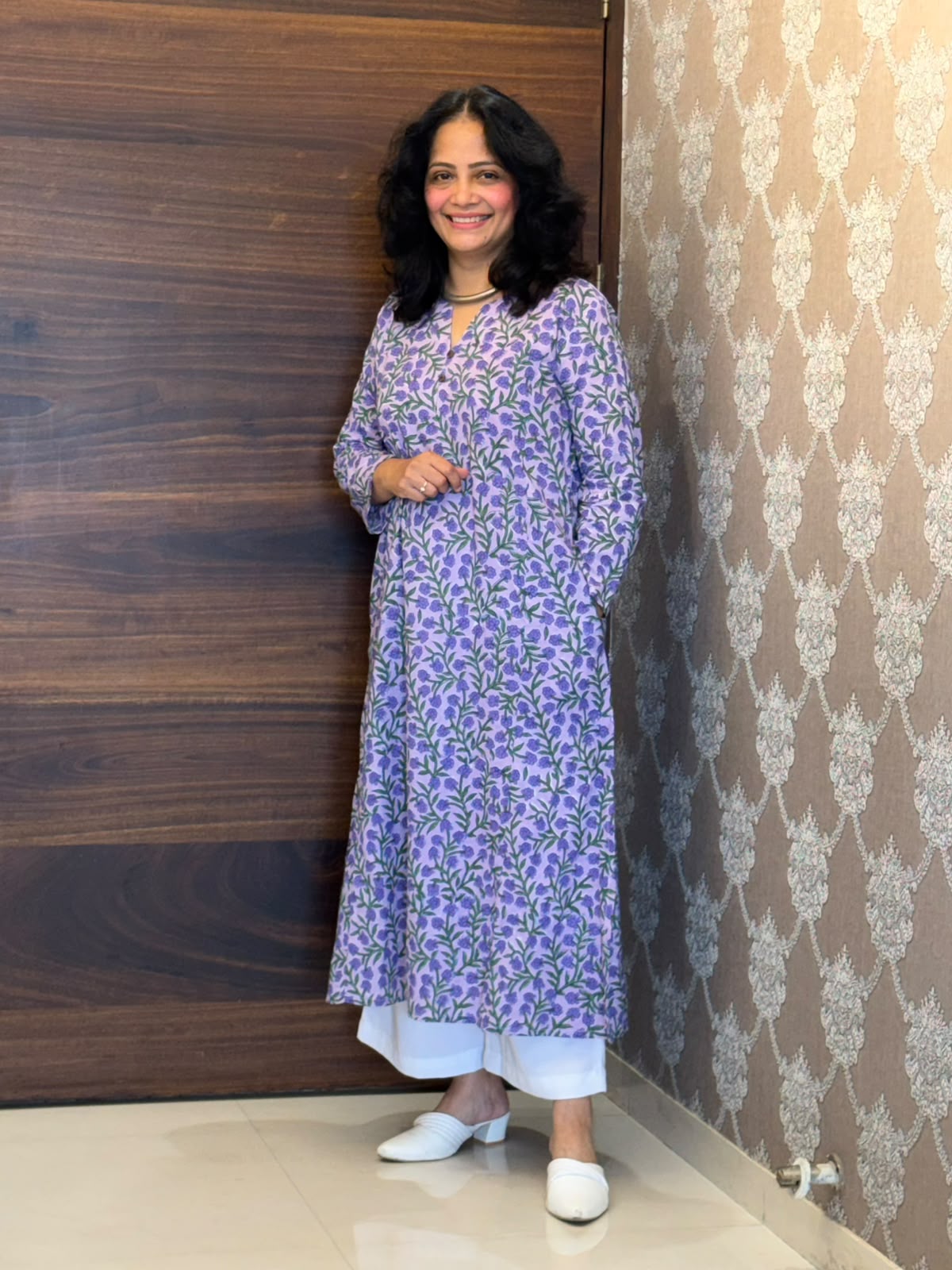 Purple Color Screen Printed Pure Cotton A Line Kurti