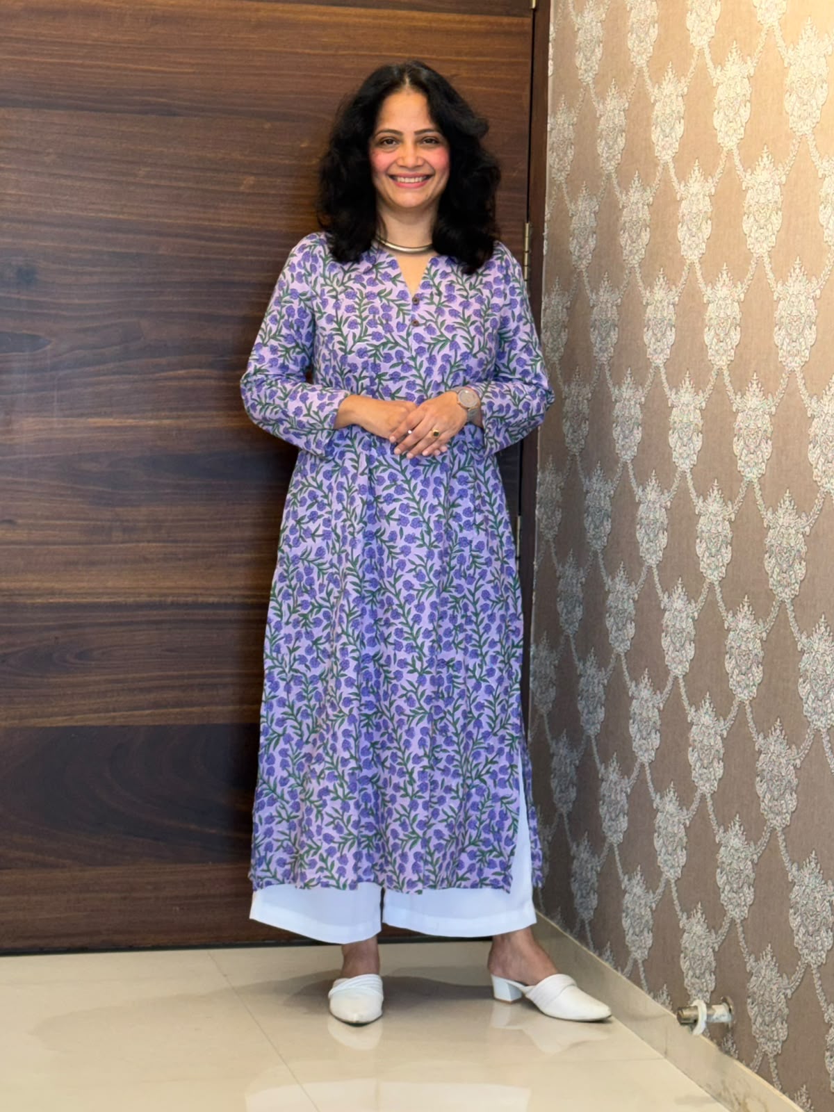 Purple Color Screen Printed Pure Cotton A Line Kurti