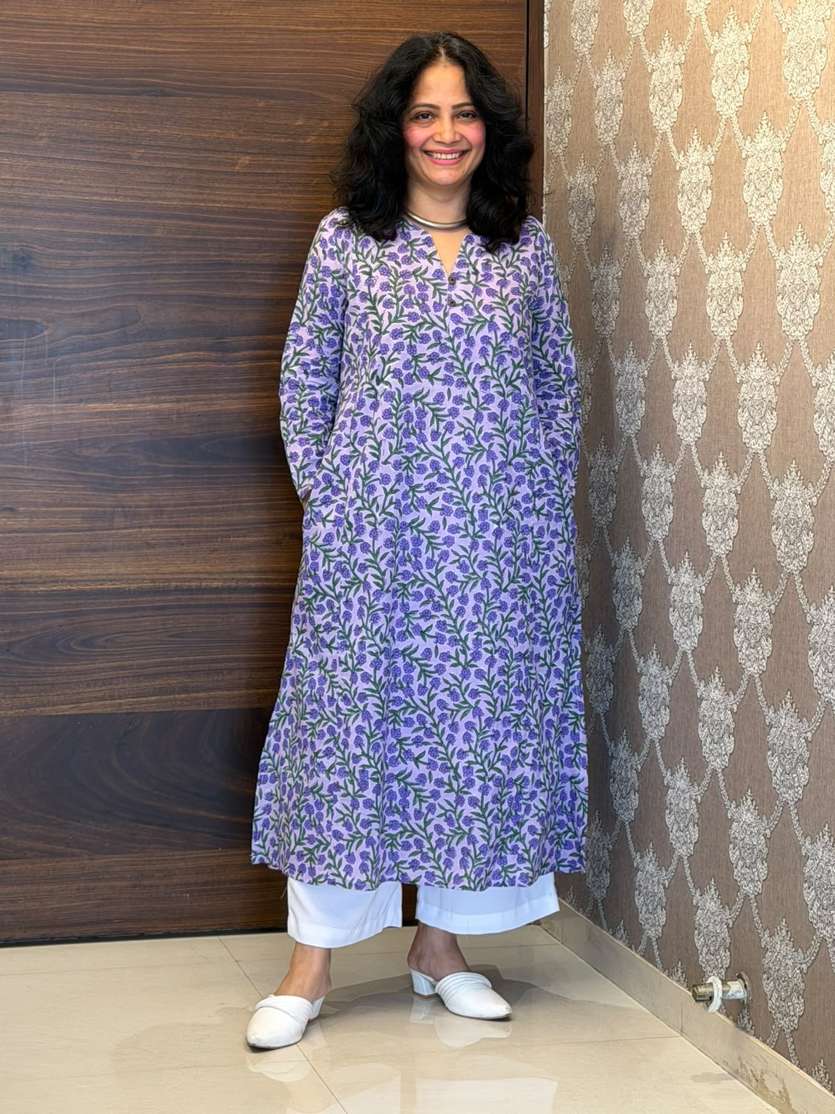 Purple Color Screen Printed Pure Cotton A Line Kurti