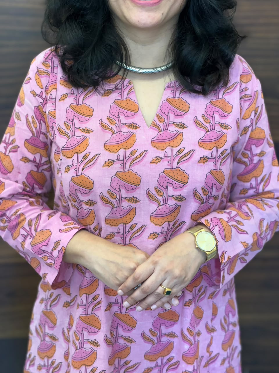 Pink Color Vanaspati Hand Block Print Pure Cotton A Line Kurti-Print 2