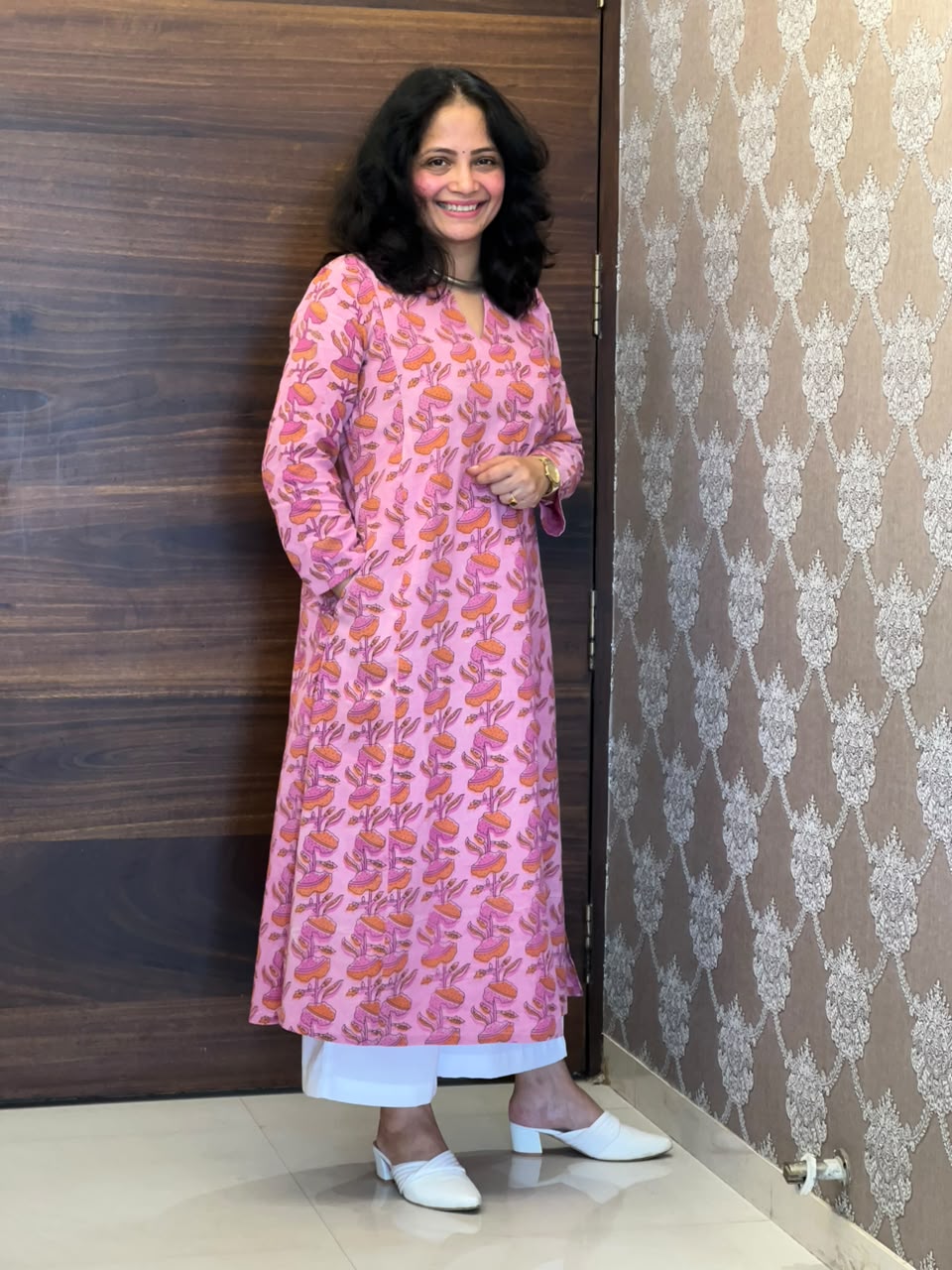 Pink Color Vanaspati Hand Block Print Pure Cotton A Line Kurti-Print 2
