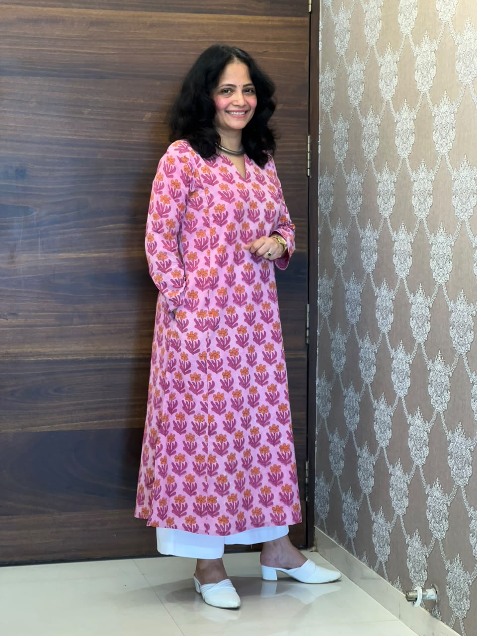 Pink Color Vanaspati Hand Block Print Pure Cotton A Line Kurti-Print 3
