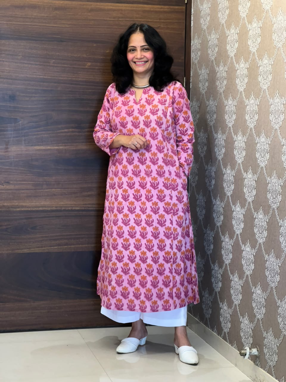 Pink Color Vanaspati Hand Block Print Pure Cotton A Line Kurti-Print 3