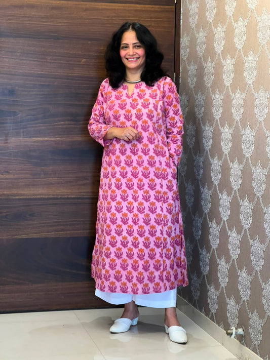 Pink Color Vanaspati Hand Block Print Pure Cotton A Line Kurti-Print 3