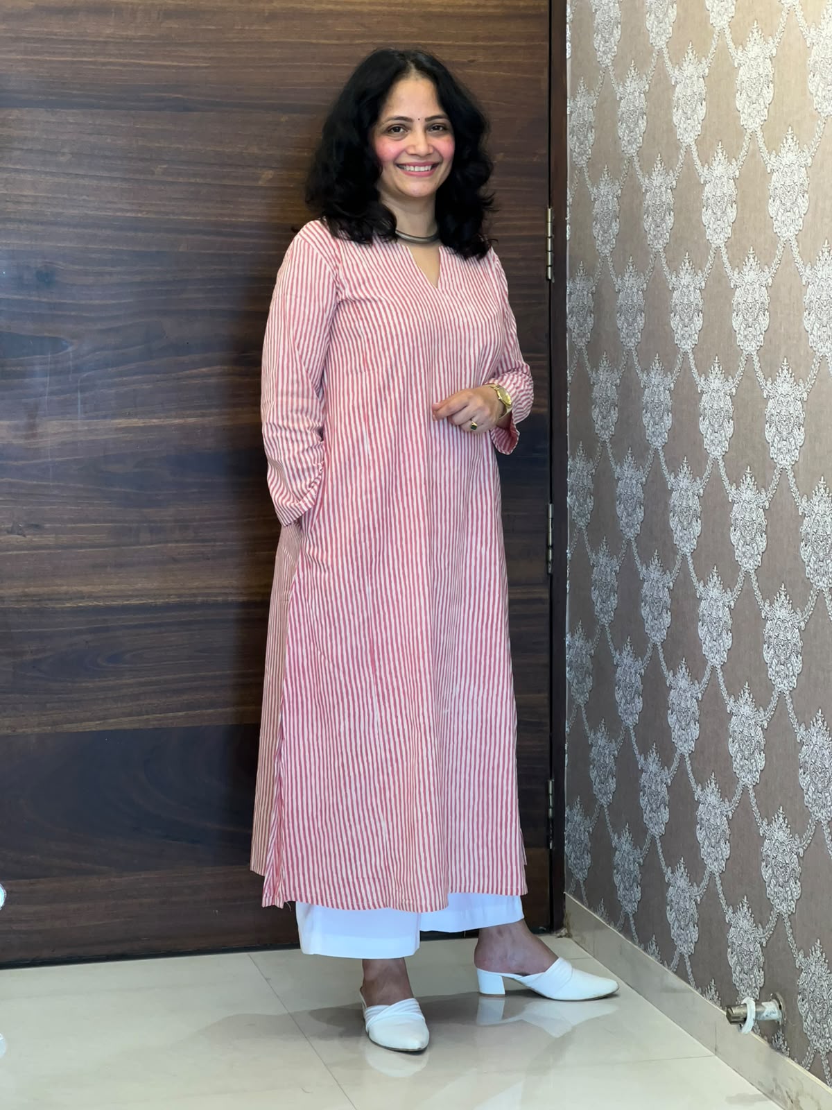 Pink Color Striped Hand Block Print Pure Cotton A Line Kurti