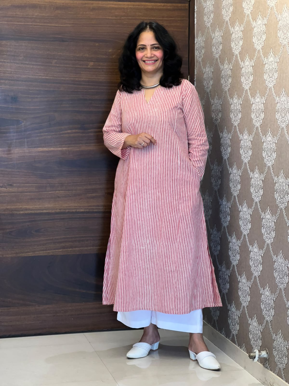 Pink Color Striped Hand Block Print Pure Cotton A Line Kurti