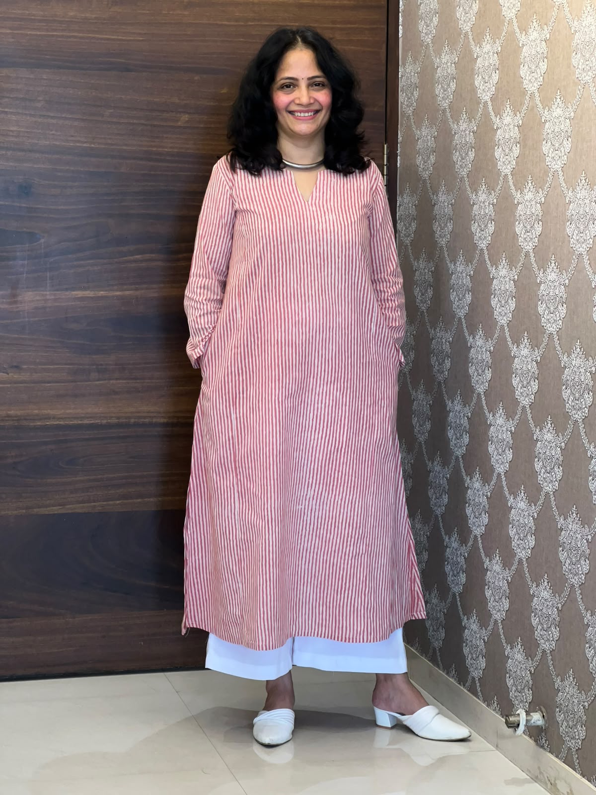 Pink Color Striped Hand Block Print Pure Cotton A Line Kurti
