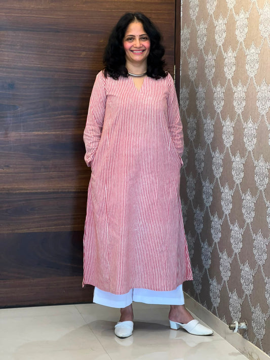 Pink Color Striped Hand Block Print Pure Cotton A Line Kurti