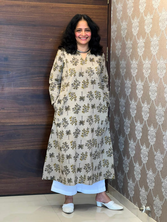 Soft Sage Grey Color Vanaspati Hand Block Print Pure Cotton A Line Kurti