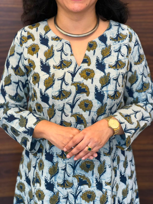 Indigo Color Vanaspati Hand Block Print Pure Cotton A Line Kurti