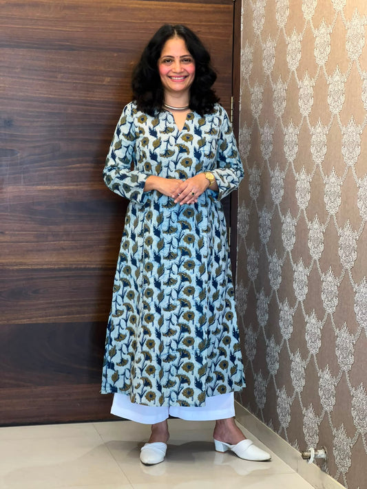 Indigo Color Vanaspati Hand Block Print Pure Cotton A Line Kurti