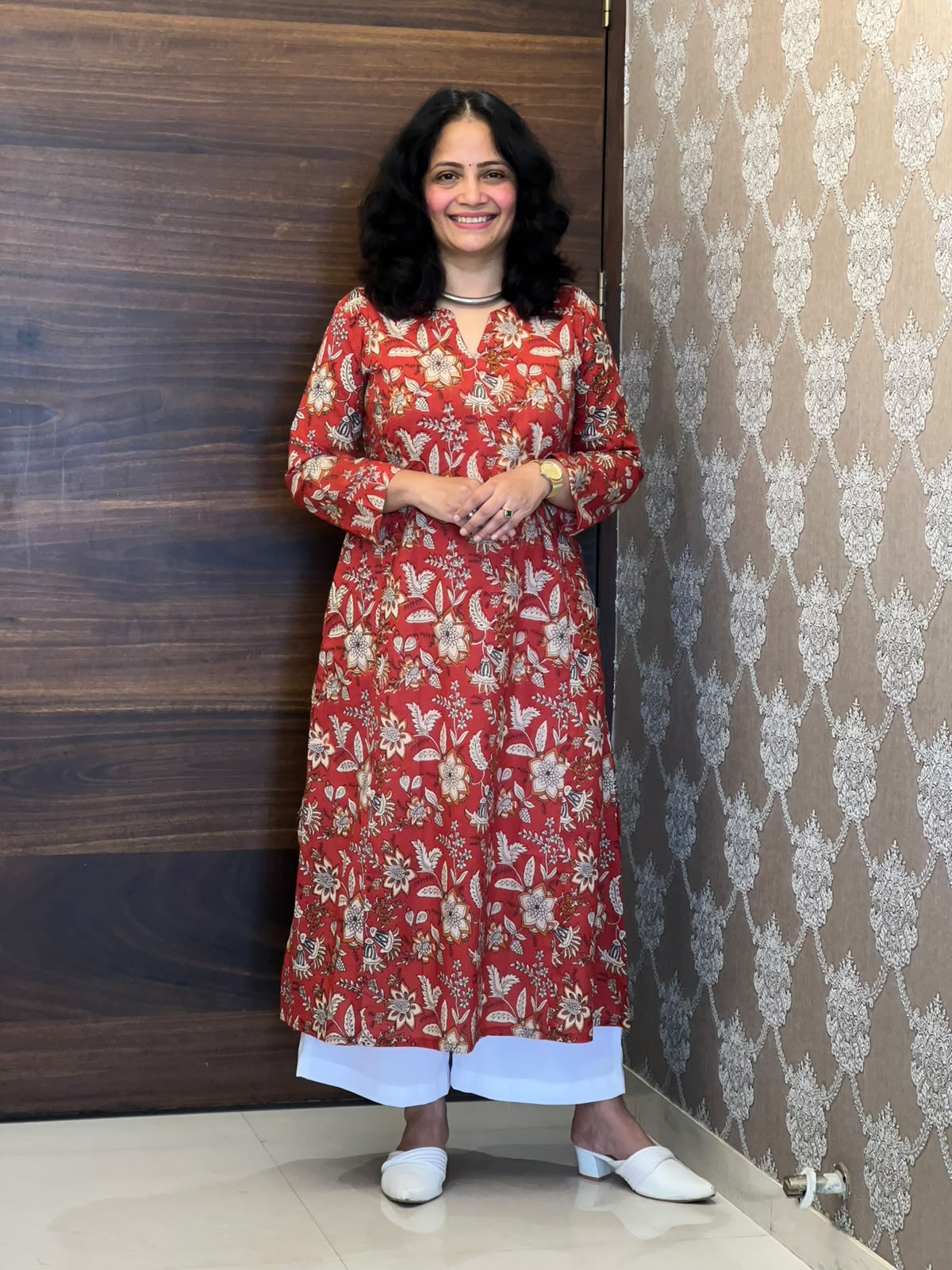 Red Color Rapid Hand Block Pure Cotton A Line Kurti