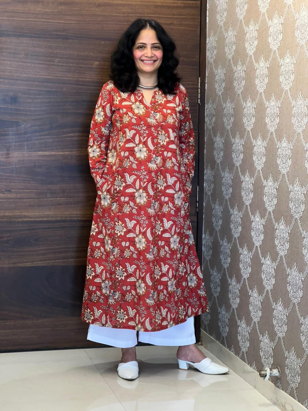 Red Color Rapid Hand Block Pure Cotton A Line Kurti