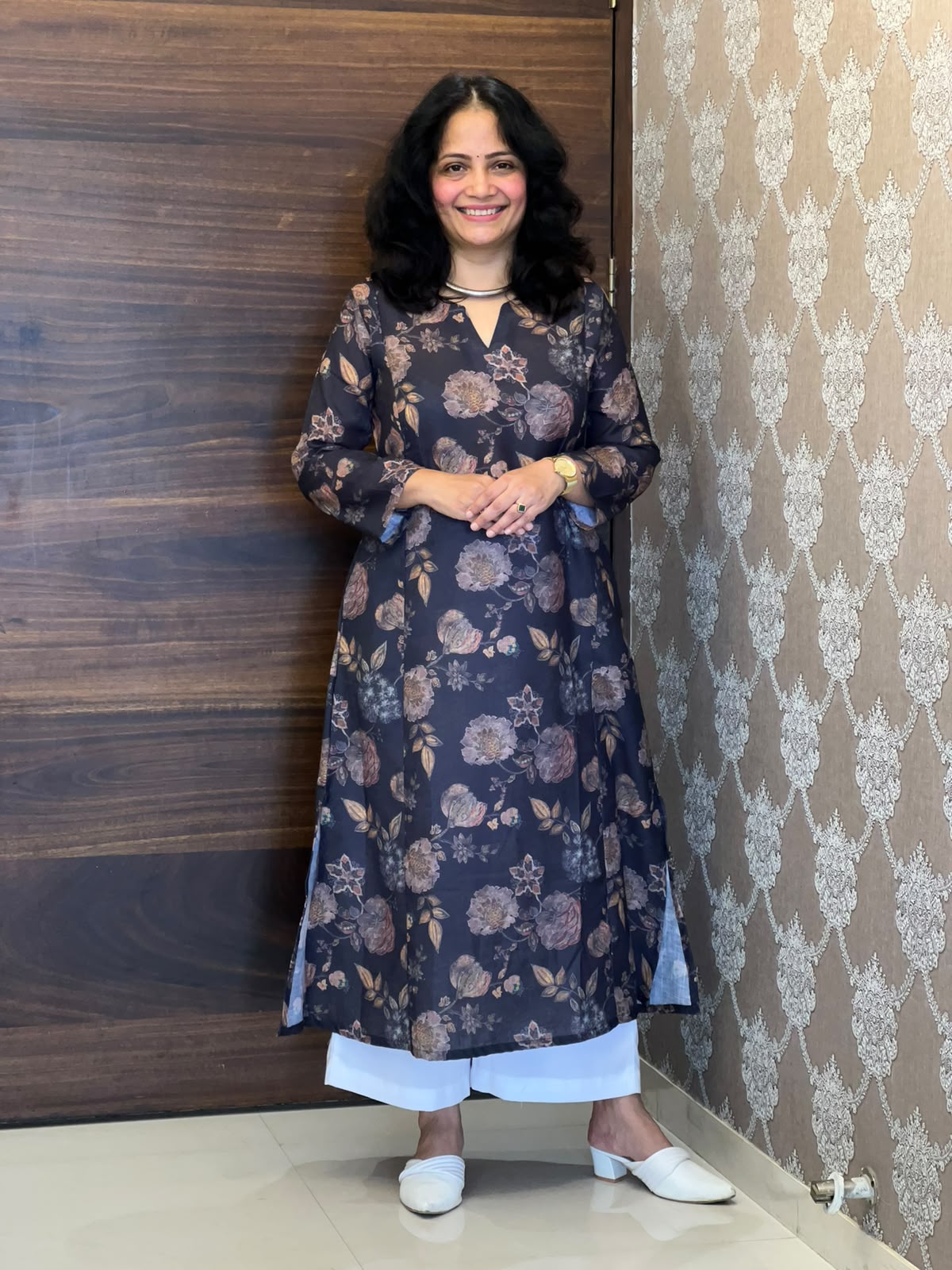 Charcoal Grey Color Linen A-Line Kurti -Round Neck