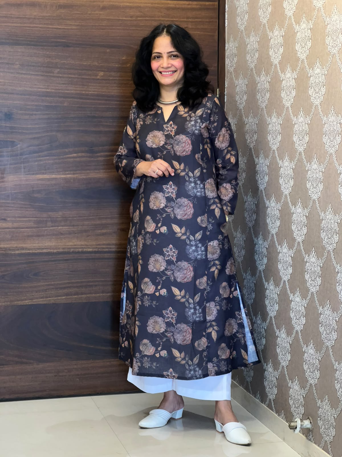 Charcoal Grey Color Linen A-Line Kurti -Round Neck