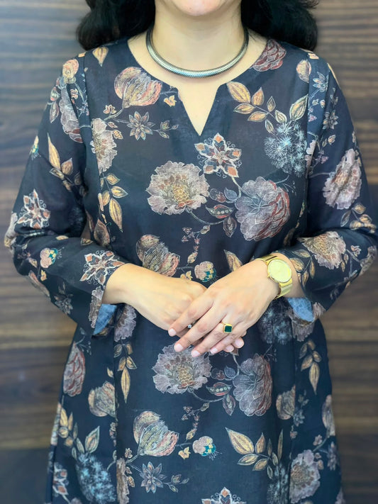 Charcoal Grey Color Linen A-Line Kurti -Round Neck